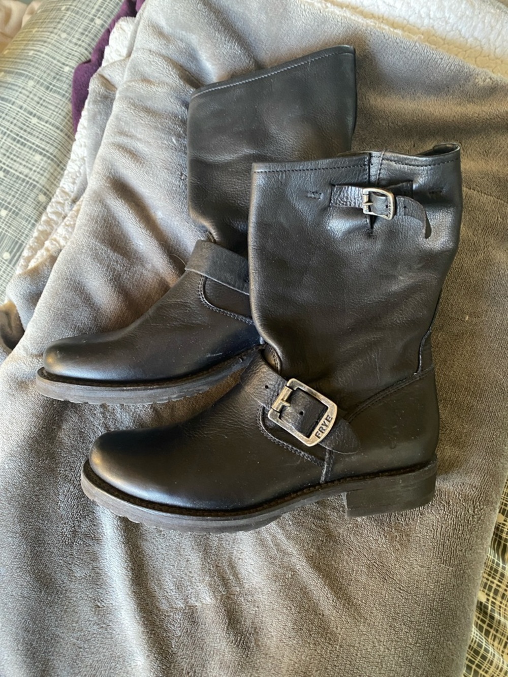 Frye Black Leather Mid-Calf Buckle Moto Boots
